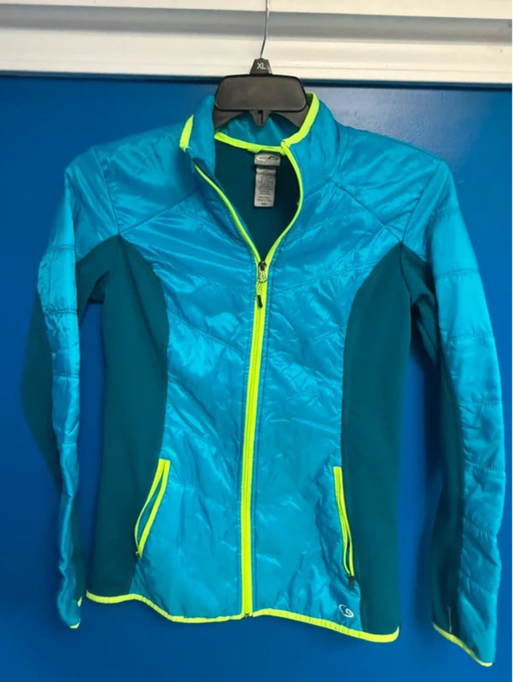 C9 Champion Womens Medium Teal Blue Puffer Hybrid Running Jacket Full Zip Neon